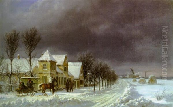 Travellers Setting Off Along A Snowy Track Oil Painting by Ferdinand Richardt