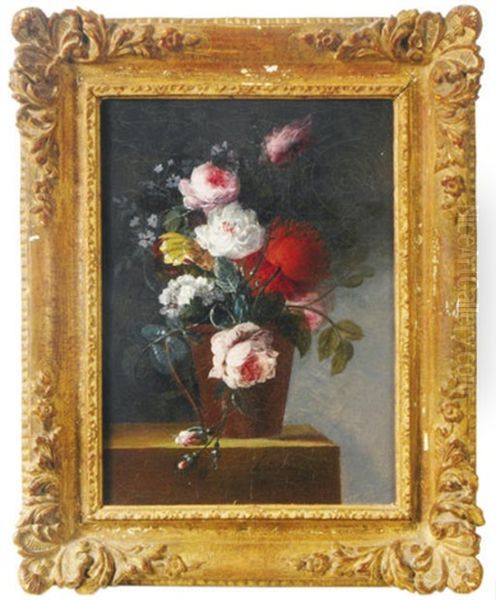 Roses And Peonies In A Pitcher On A Ledge Oil Painting by Adele Riche