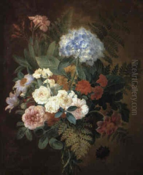 Still Life Of A Bouquet Of Flowers And Ferns Oil Painting by Adele Riche