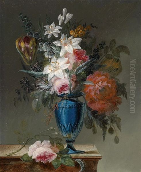 Eine Vase Mit Lilien, Rosen, Tulpen Und Pfingstrosen Oil Painting by Josse Francois Joseph le Riche