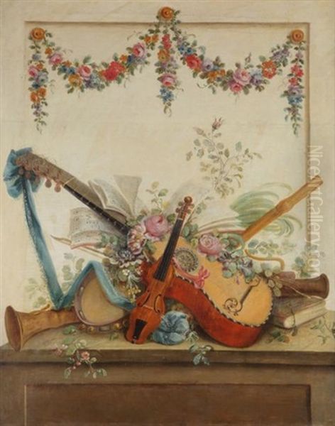 Nature Morte Aux Instruments De Musique (pair) Oil Painting by Josse Francois Joseph le Riche