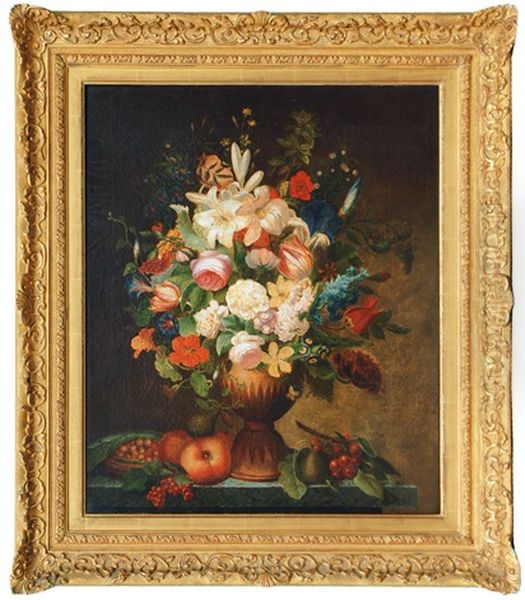 Flower Still Lives In Metal Vases On Marble Pedestals (+ Another; Pair) Oil Painting by Josse Francois Joseph le Riche