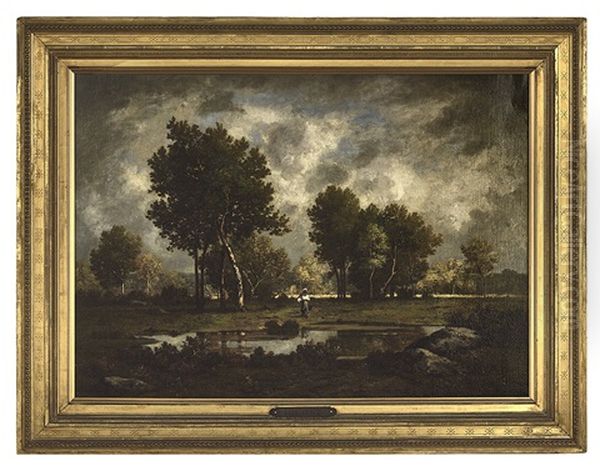 Paysanne Au Bord De L'etang Pres De Fontainbleau Oil Painting by Leon Richet