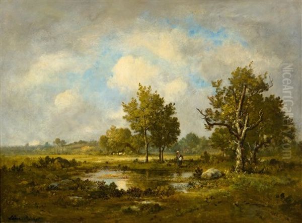 A Wooded Landscape With A Pond And Woman Oil Painting by Leon Richet