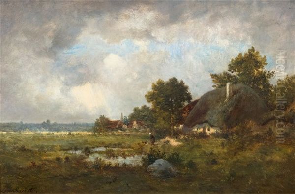 Landscape With Farmstead And Pond Oil Painting by Leon Richet