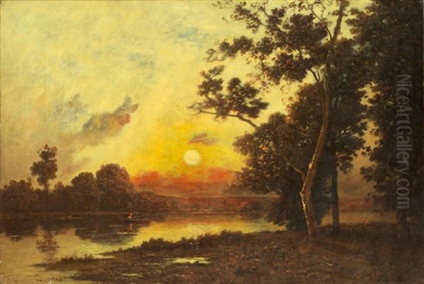 Sunset Over The River Oil Painting by Leon Richet