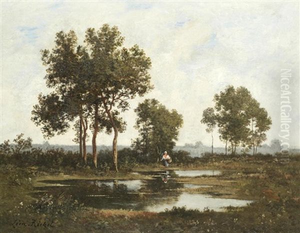 Landscape With Figure By A Pond Oil Painting by Leon Richet