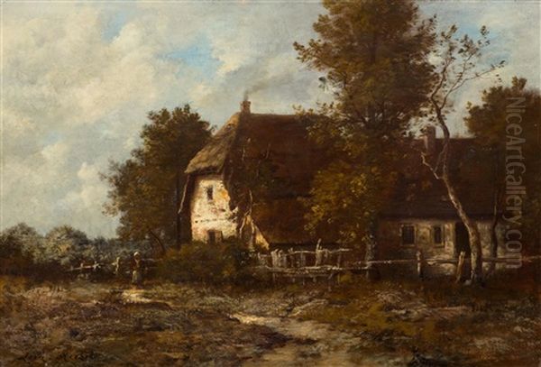 Farm Building With A Peasant Woman In A Landscape Oil Painting by Leon Richet