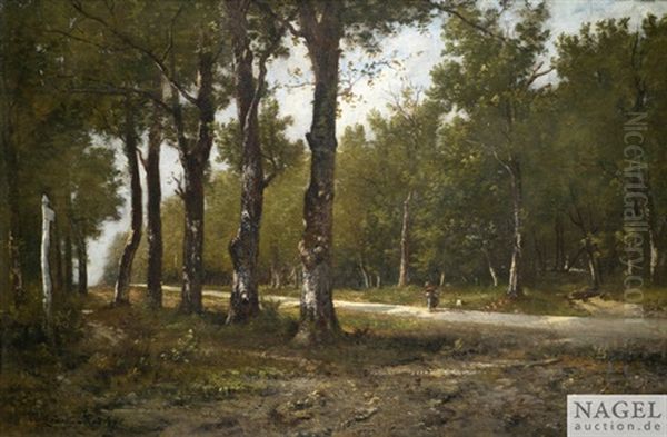 Sonnige Allee Im Wald Mit Einer Reisigsammlerin Oil Painting by Leon Richet