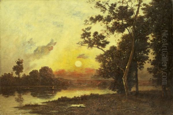 Sunset Over The River Oil Painting by Leon Richet