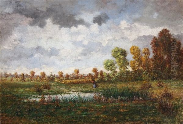 Herbstliche Landschaft Mit Weiher Und Reisigsammlerin Oil Painting by Leon Richet