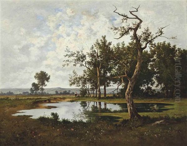 A Figure At A Woodland Lake Oil Painting by Leon Richet