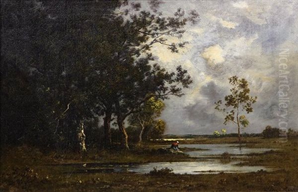 Figure Fishing By Moonlight Oil Painting by Leon Richet