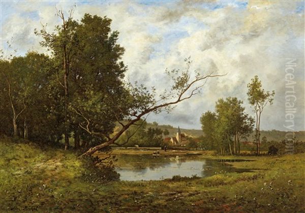 Landscape With Pond And View Of A Village Oil Painting by Leon Richet