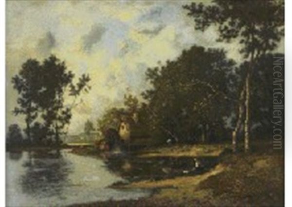 River Landscape Oil Painting by Leon Richet