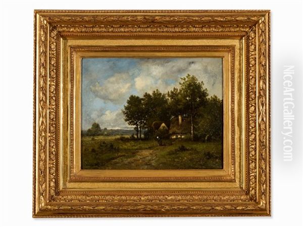 Woman In Front Of A Farm House Oil Painting by Leon Richet