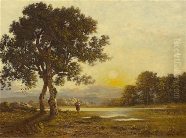 Sunset Over A Landscape With Trees Oil Painting by Leon Richet