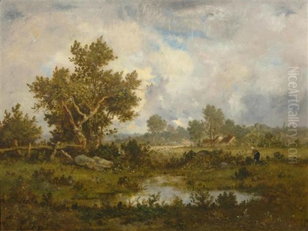 Woman Gathering Brushwood Near A Pond Oil Painting by Leon Richet