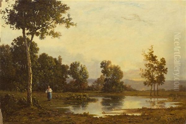 Figure Of A Woman By A Pond Oil Painting by Leon Richet