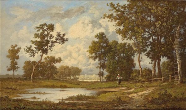 Woman Gathering Brushwood By The Pond Oil Painting by Leon Richet