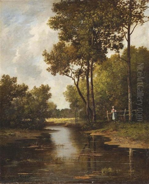 Trees Along A Forest Stream Oil Painting by Leon Richet