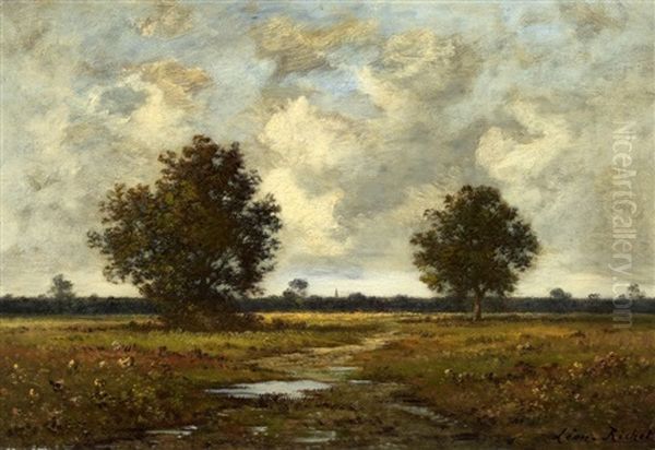 Weite Landschaft Vor Kirchdorf Oil Painting by Leon Richet