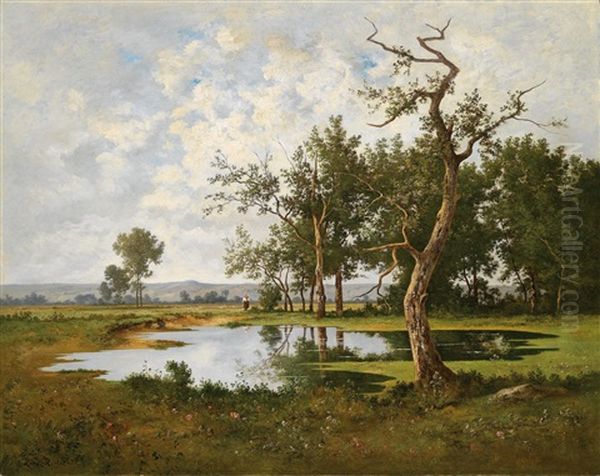 Weiher Am Waldesrand Mit Figurlicher Staffage Oil Painting by Leon Richet