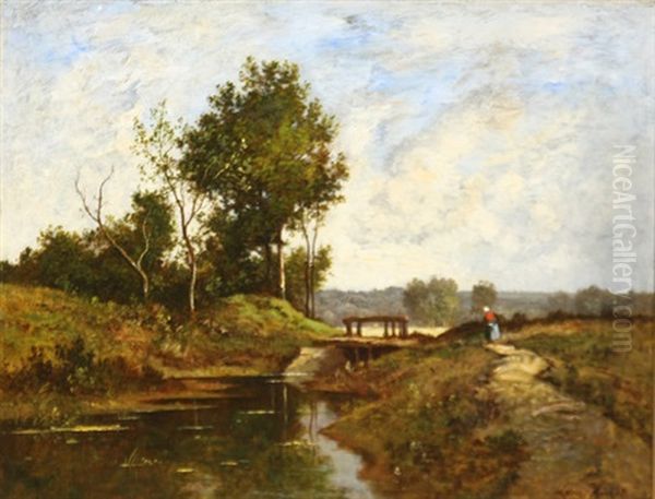 Young Girl Walking Along A Stream Path Oil Painting by Leon Richet