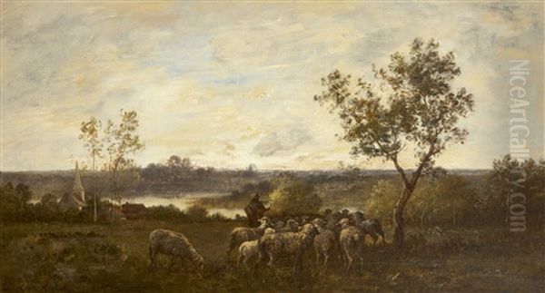 Berger Et Son Troupeau A Barbizon Oil Painting by Leon Richet