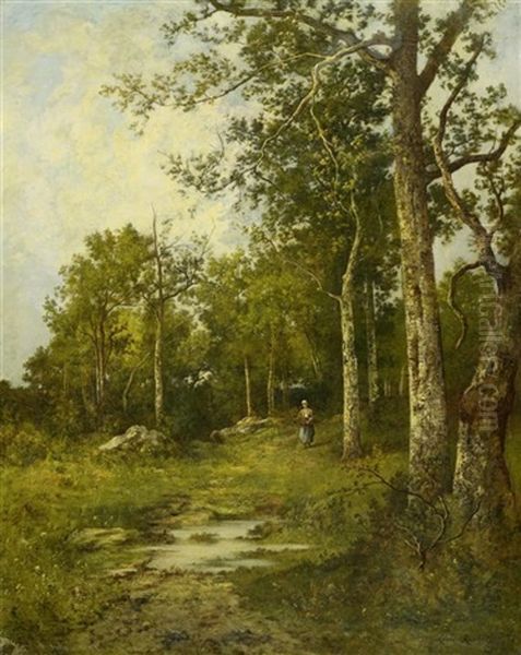 Wald Mit Reisigsammlerin Oil Painting by Leon Richet