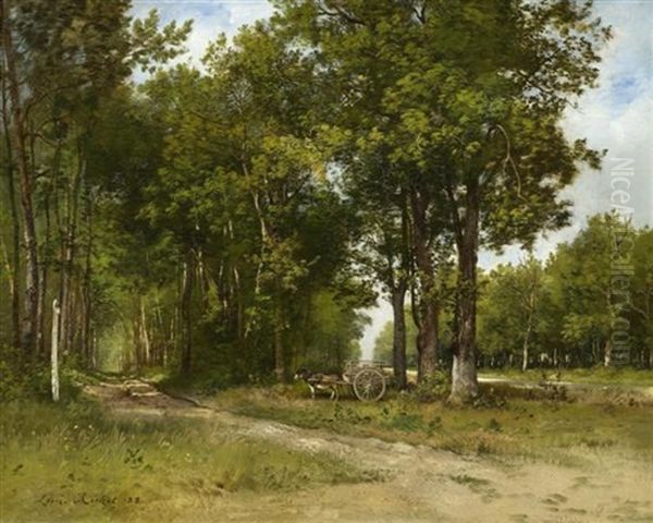 Fuhrwerk Mit Einem Esel An Einem Waldweg Oil Painting by Leon Richet