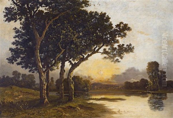 Bord D'etang Le Soir Avec Pecheurs Oil Painting by Leon Richet