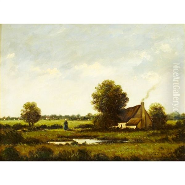 Woman By A Farm In The Barbizon Countryside Oil Painting by Leon Richet