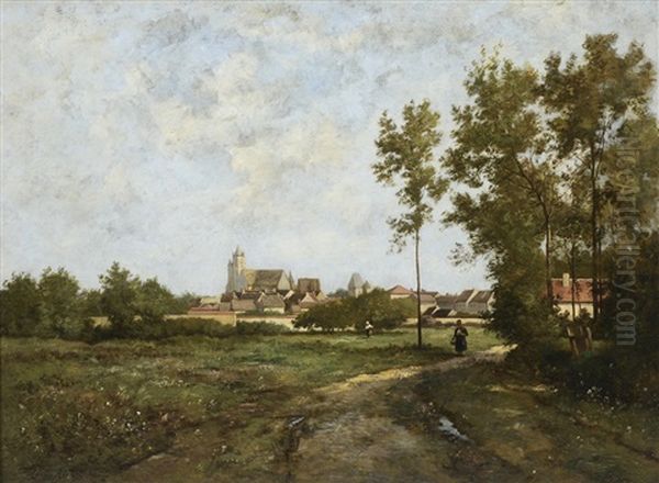 View Of A Town From A Road Oil Painting by Leon Richet