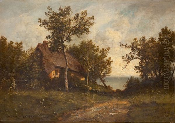 Baumreiche Landschaft Mit Bauernhaus Und Blick Auf Einen See Oil Painting by Leon Richet