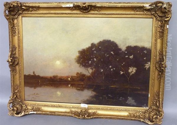 Coucher De Soleil Sur Le Lac Oil Painting by Leon Richet