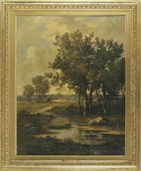 River Landscape With Oak Trees Oil Painting by Leon Richet