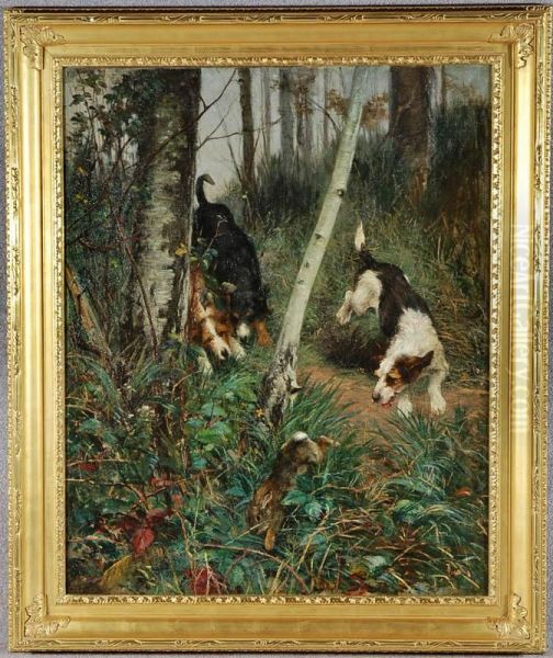 Hounds Chasing Rabbit In Forest Landscape Oil Painting by Edmund Borchard