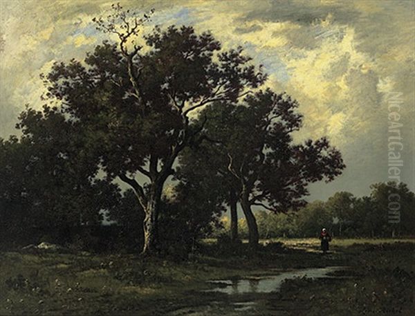 Sommerliche Parklandschaft Mit Holzleserin. Prachtvoller Sonniger Lichteinfall Oil Painting by Leon Richet