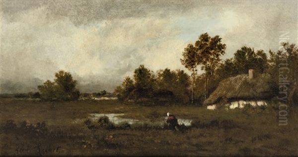 Near Barbizon - By A Farm Oil Painting by Leon Richet