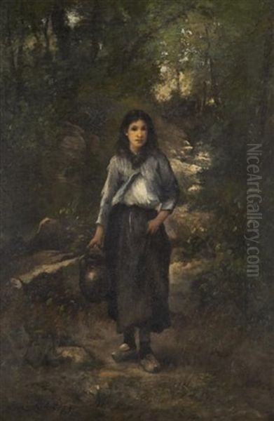 Fetching Water From A Forest Stream Oil Painting by Leon Richet