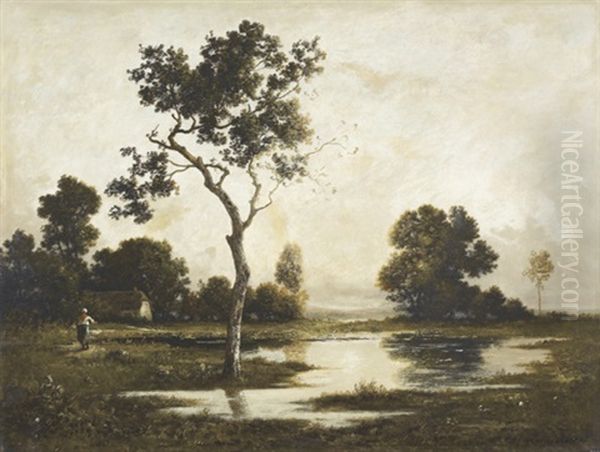 Landschaft Mit Bauerin Und Teich Oil Painting by Leon Richet