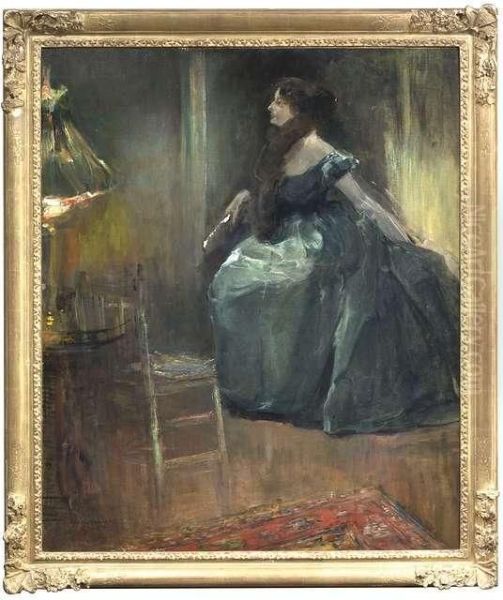 Borchardt, Hans. Interior With A Lady Wearing An Evening Dress Oil Painting by Hans Borchardt