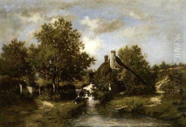 A Figure Fishing By A Cottage On A Stream Oil Painting by Leon Richet