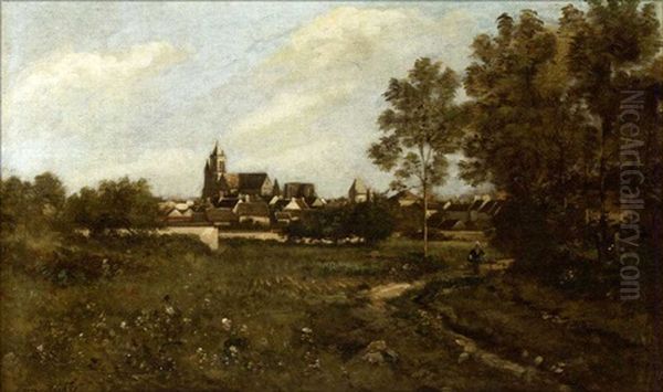 A Figure On Path With A Town Beyond Oil Painting by Leon Richet