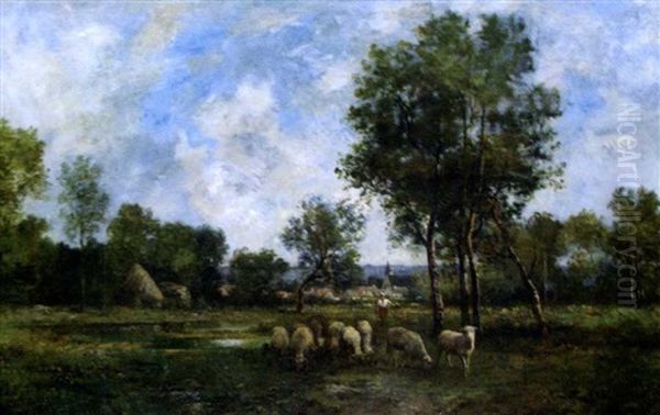 Bergere Et Moutons Au Paturage Oil Painting by Leon Richet