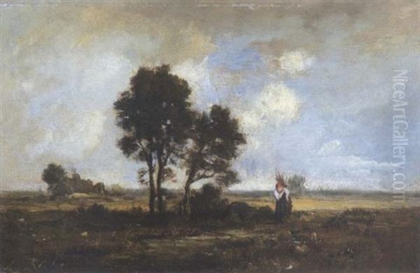 Reisigsammlerin Bei Einer Baumgruppe In Weiter Landschaft Oil Painting by Leon Richet