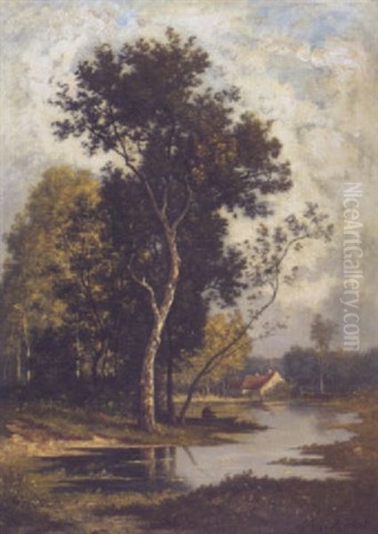 Landschaft Mit Teich Und Fischer Oil Painting by Leon Richet