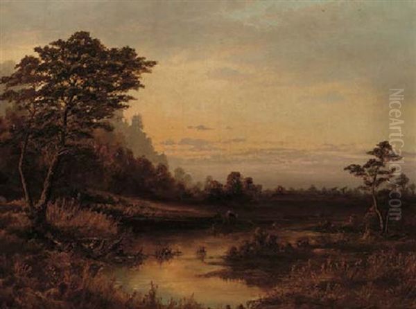 A Woodland Pool At Dusk Oil Painting by Leon Richet