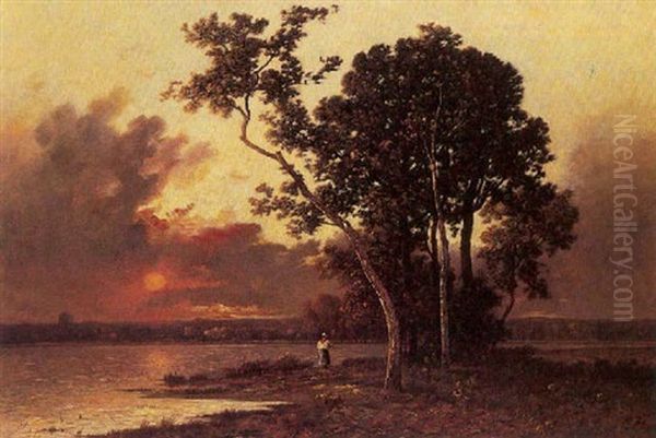 Coucher De Soleil Sur L'etang Oil Painting by Leon Richet